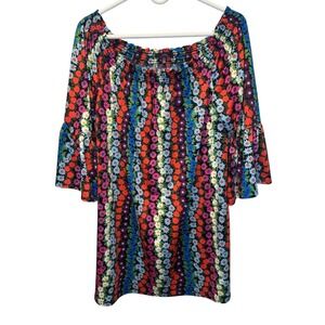 Trina Turk Colorful Floral Smocked Off Shoulder Bell Sleeve Mini Shift‎ Dress L